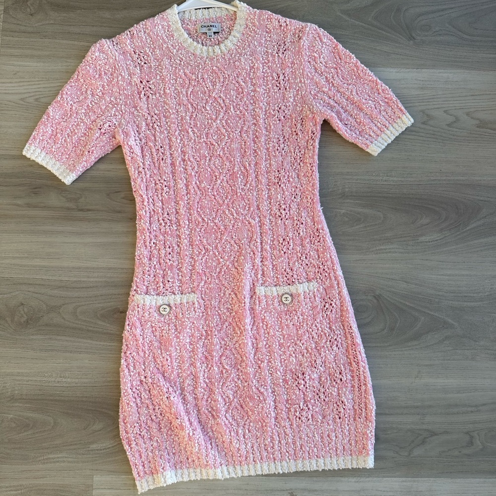 Authentic Chanel Pink Lace Knit Dress with White Trim